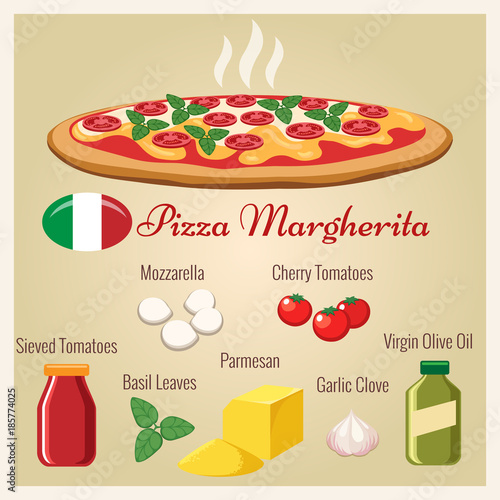 Pizza margherita. Delicious italian meal pizza with mozzarella cheese and tomato, basil and olive oil vector illustration