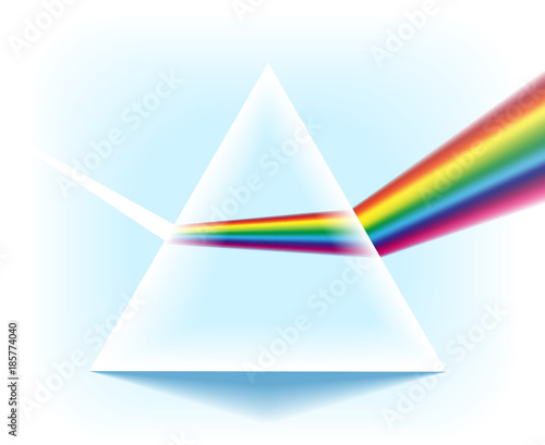 Spectrum prism. Glass triangular pyramid with optical light dispersion effect isolated on white background, vector illustration