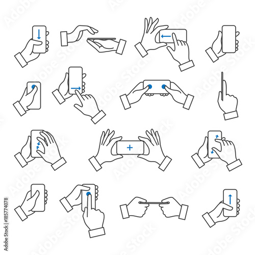 Phone in hand. Mobile phones with touchscreen holding in hands with gestures vector icons collection