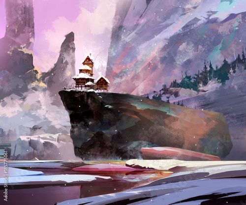 painted winter landscape with a house on a cliff photo