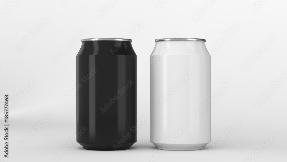 Two small black and white aluminum soda cans mockup on white background Two small black and white aluminum soda cans mockup on white background