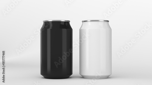 Two small black and white aluminum soda cans mockup on white background