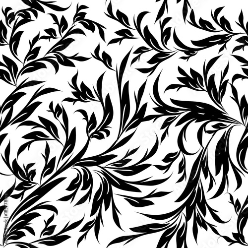 Vintage black white floral vector seamless pattern. Isolated texture. Leafy flourish background. Hand drawn line art tracery leaves, branches, flowers. Luxury design for wallpaper, fabric, prints