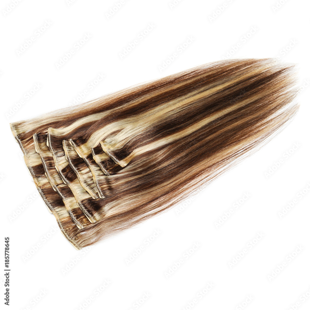 clip in straight dark brown human hair extensions mixed with auburn and blonde  highlights Stock Photo | Adobe Stock