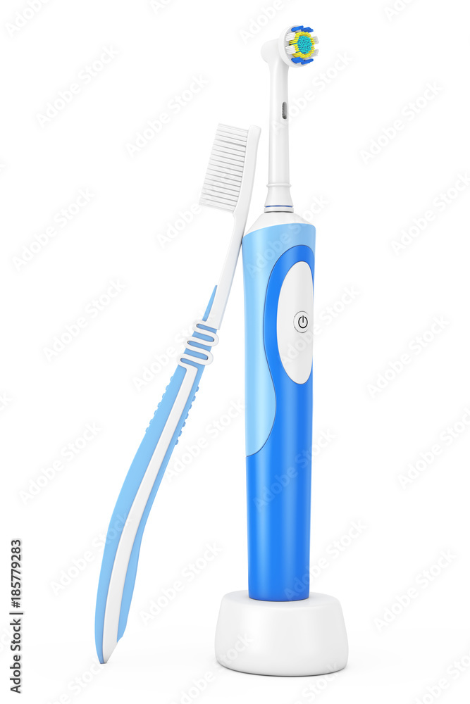Simple Toothbrush and New Electric Toothbrush on a Charge Stand. 3d Rendering Simple Toothbrush and New Electric Toothbrush on a Charge Stand. 3d Rendering