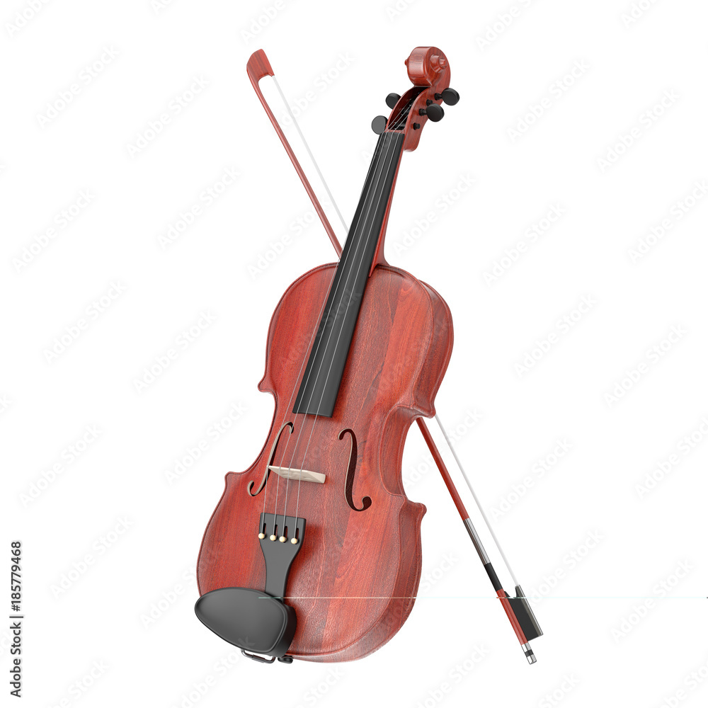 Fototapeta premium Classical Wooden Violin with Bow. 3d Rendering