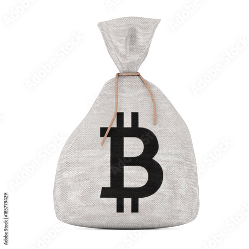 Tied Rustic Canvas Linen Money Sack or Money Bag with Bitcoin Sign. 3d Rendering
