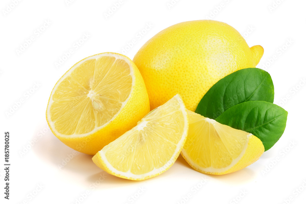 lemon and slice with leaf isolated on white background lemon and slice with leaf isolated on white background
