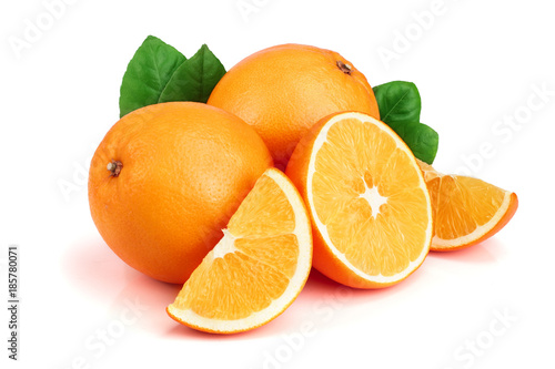 Orange with slice and leaf isolated on the white background