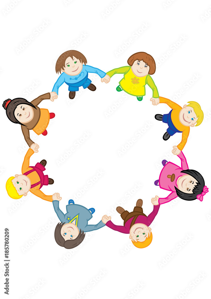 Happy childrens' dance around the circle. Illustration cartoon children, dancing a roundelay, holding hands. Top view, flat design Happy childrens' dance around the circle. Illustration cartoon children, dancing a roundelay, holding hands. Top view, flat design