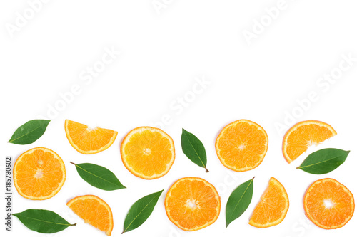 slices of tangerine with leaves isolated on white background with copy space for your text. Flat lay, top view.