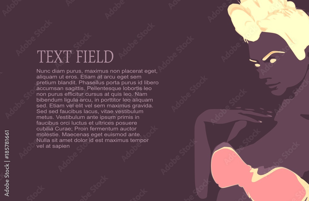 Beautiful sexy fitness girl. Confused woman raising her hand to face. Young lady in underwear cloth. Half turn view. Mohawk hairstyle. Place for text. Invitation or gift card template