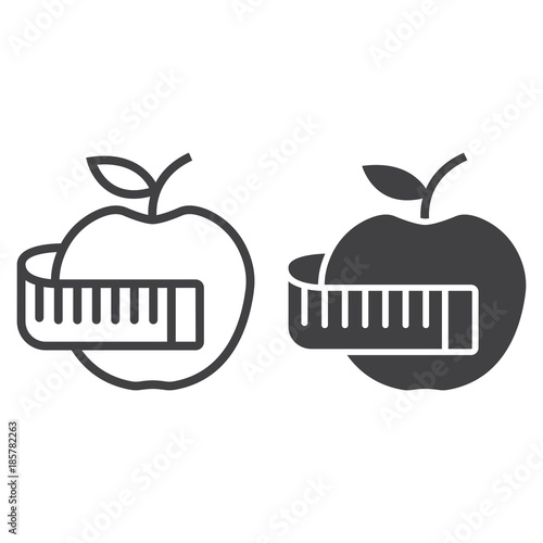 Apple with measuring tape line and glyph icon, fitness and sport, diet sign vector graphics, a linear pattern on a white background, eps 10.