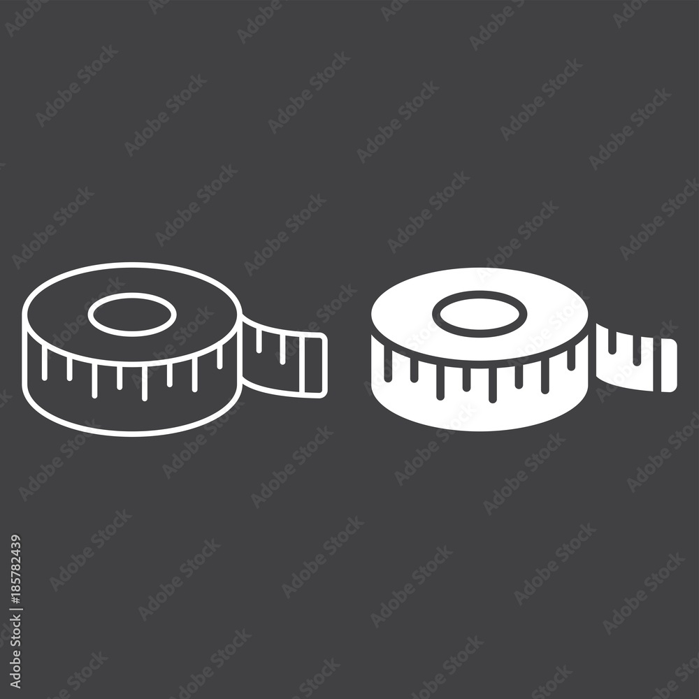 Measure tape line and glyph icon, centimeter and size, fitness ruler sign vector graphics, a linear pattern on a black background, eps 10. Measure tape line and glyph icon, centimeter and size, fitness ruler sign vector graphics, a linear pattern on a black background, eps 10.