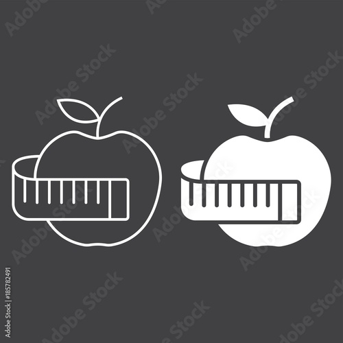 Apple with measuring tape line and glyph icon, fitness and sport, diet sign vector graphics, a linear pattern on a black background, eps 10.