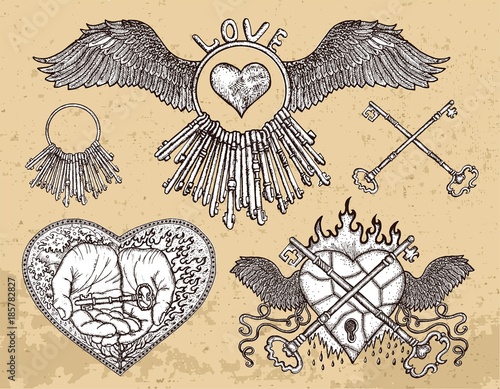 Hand drawn collection with hearts, key in hand, old keys, love symbols on texture. Graphic design collection for antique decorations, card. Hand drawn vintage illustration with Valentine’s Day concept
