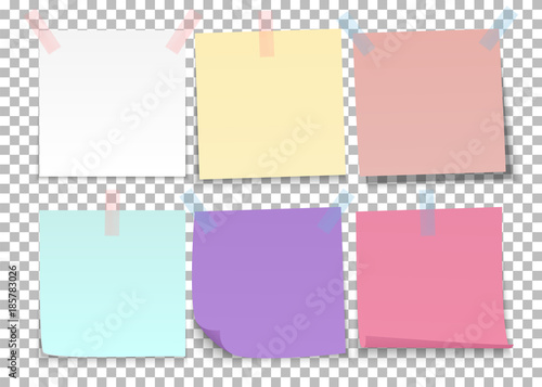 Set of sheets of color notes paper with adhesive tape on a transparent background. Vector illustration