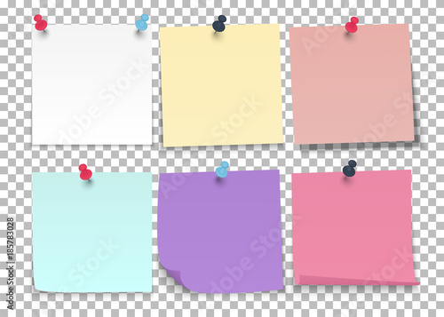 Set of sheets of color notes paper with push pins on a transparent background. Vector illustration