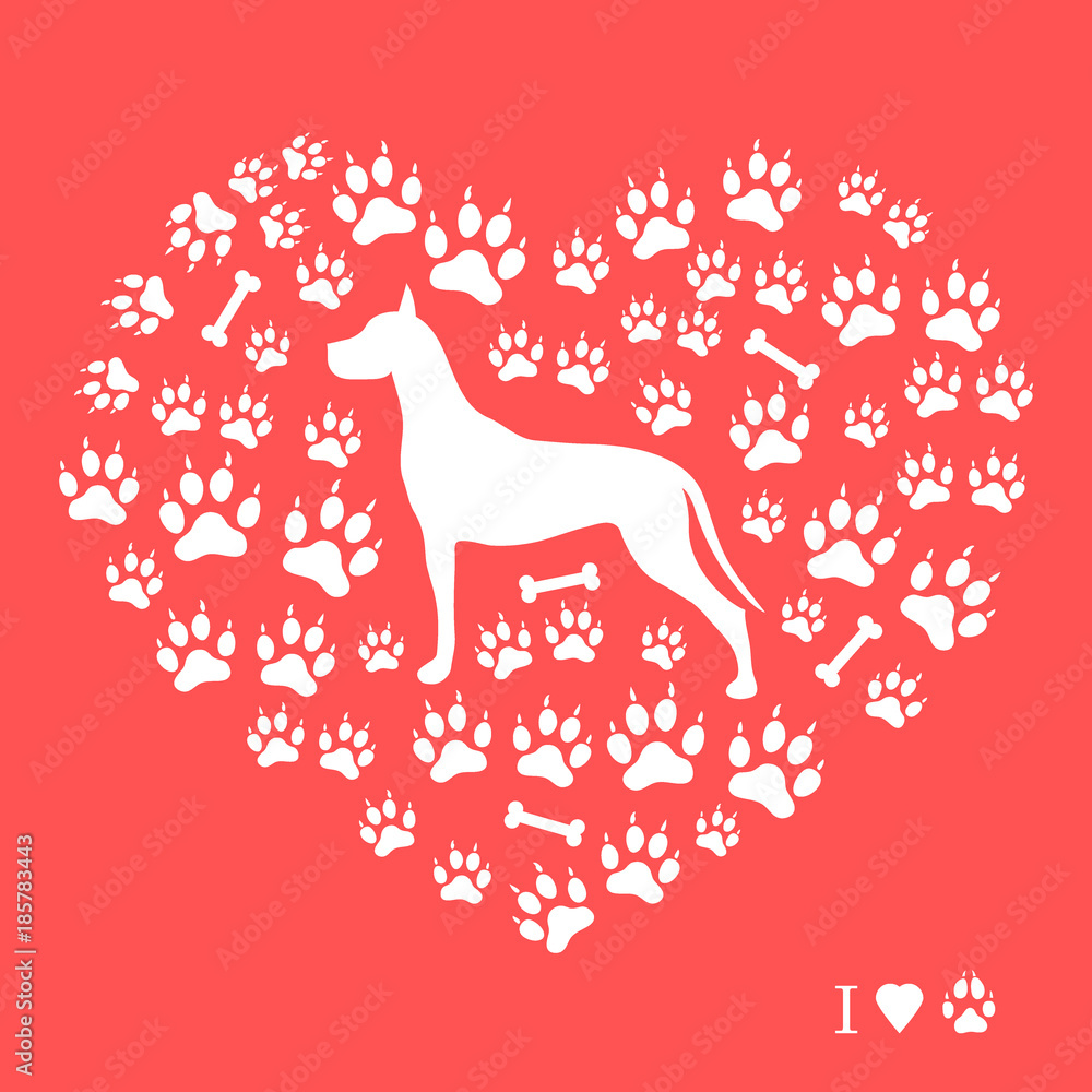 Nice picture of great dane silhouette on a background of dog tracks and bones in the form of heart. Nice picture of great dane silhouette on a background of dog tracks and bones in the form of heart.