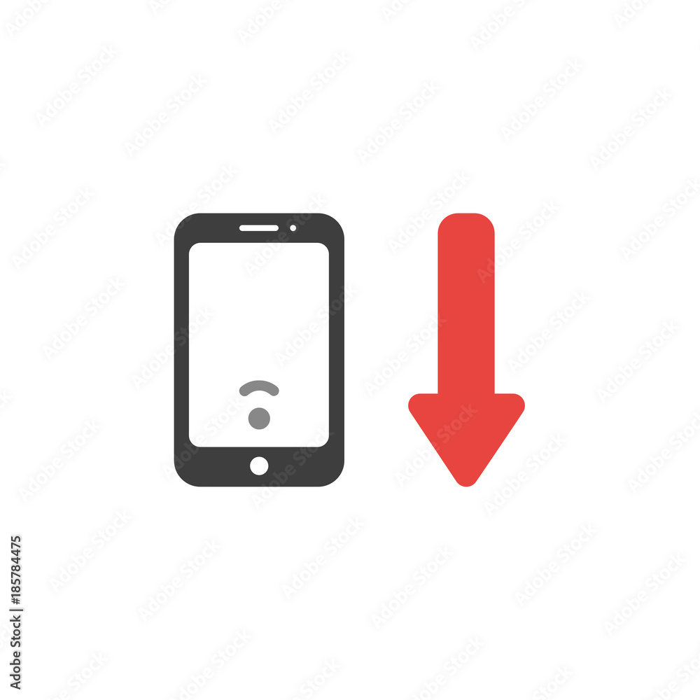 Flat design vector concept of smartphone with low wireless wifi signal and arrow moving down Flat design vector concept of smartphone with low wireless wifi signal and arrow moving down