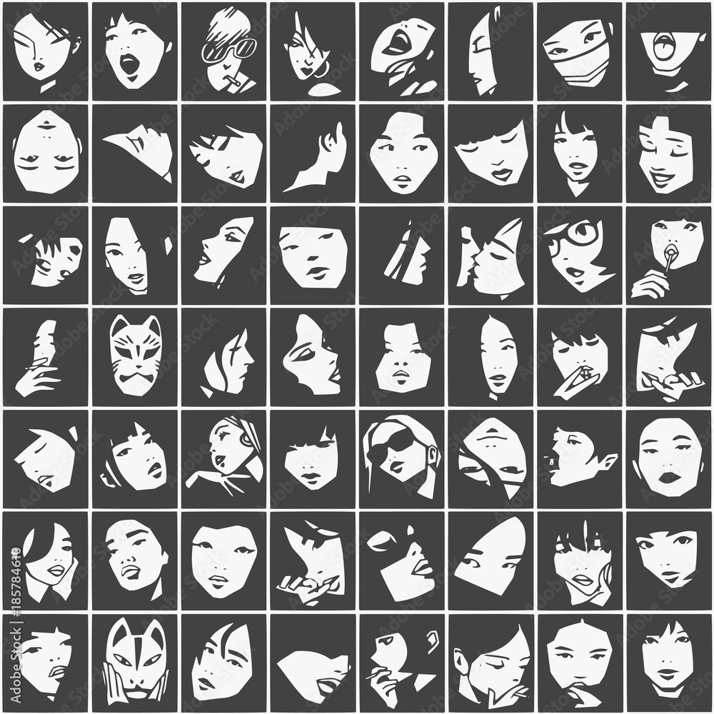 Seamless pattern of female portraits in black and white Seamless pattern of female portraits in black and white