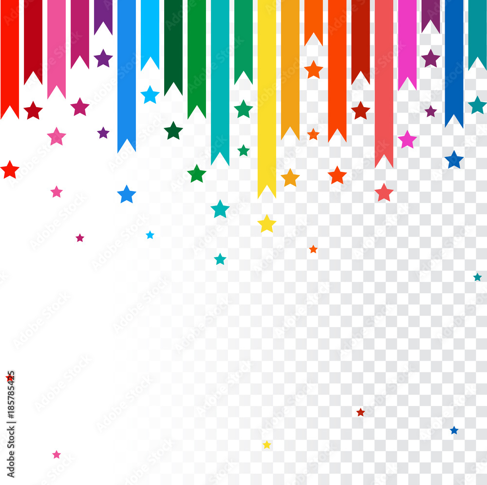 Abstract vector background. colorful rainbow line isolated on transparent  background. Color line with bright stars. Stock Vector