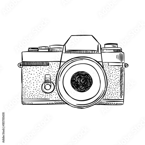 Hand drawn vintage camera illustration. Sketched photography equipment photo