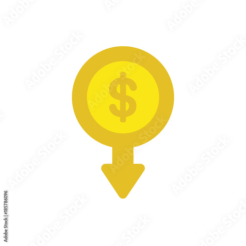 Flat design vector concept of dollar money coin with arrow moving down