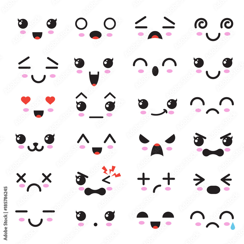 Kawaii cute faces, Kawaii emoticons, adorable characters design Векторный объект