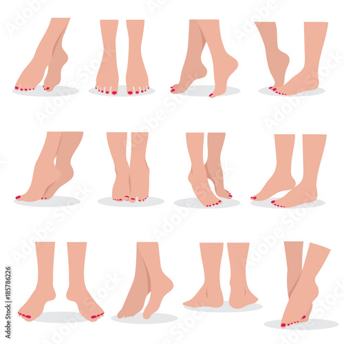 Beautiful bare woman feet and legs isolated. Female body parts attractive beauty vector set