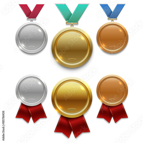 Champion gold, silver and bronze award medals with red and colors ribbons isolated on white background