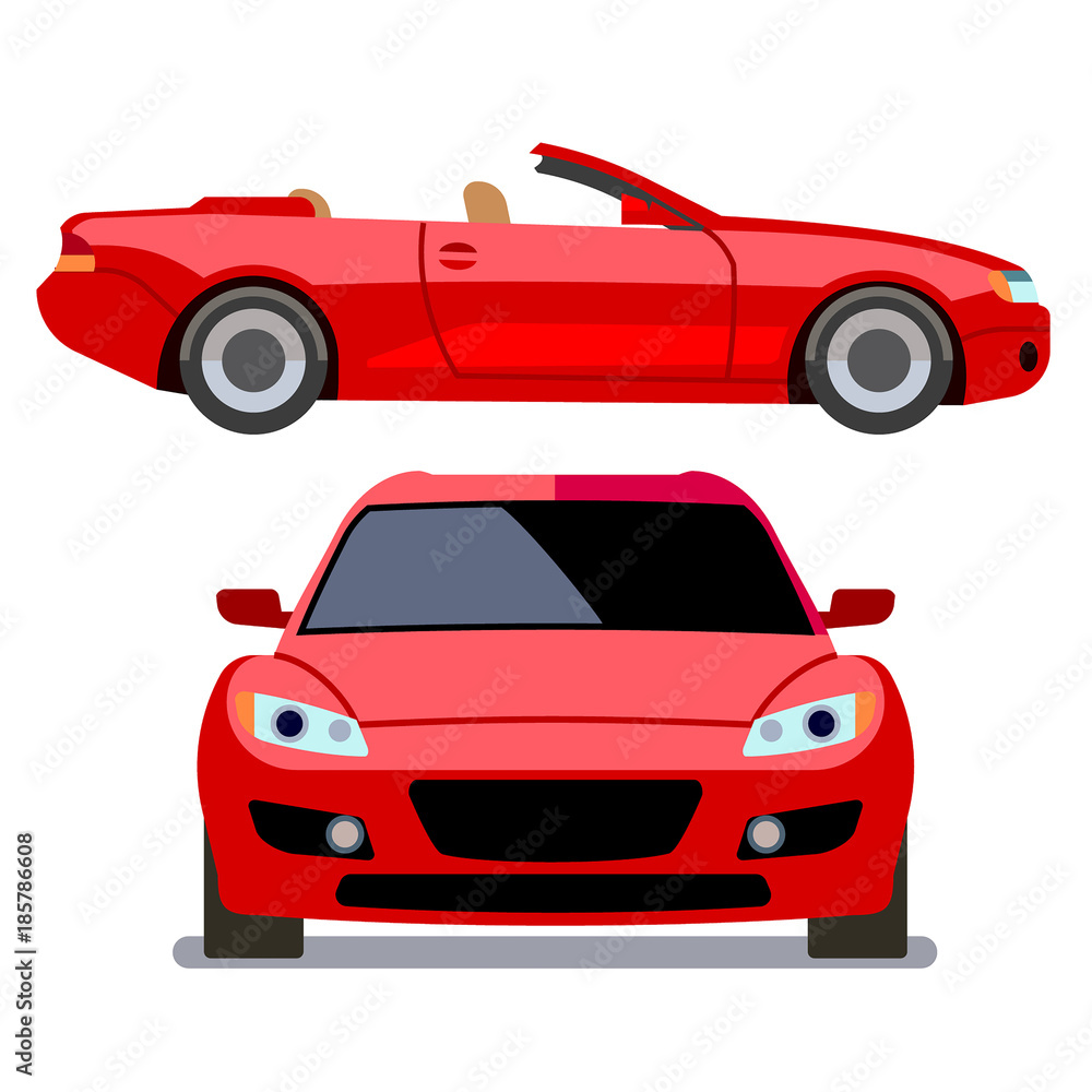 Vector flat-style cars in different views. Red cabriolet