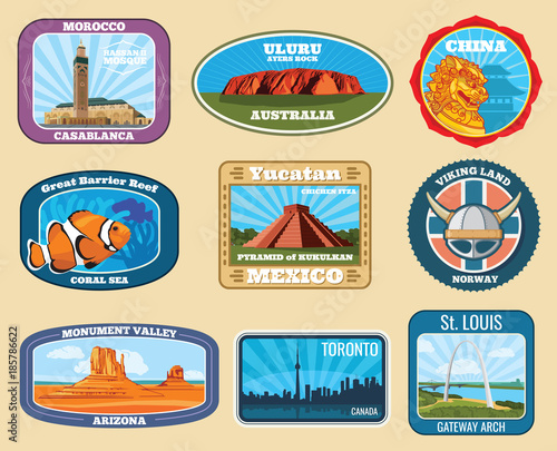 Famous monuments and national landmarks retro vector travel labels
