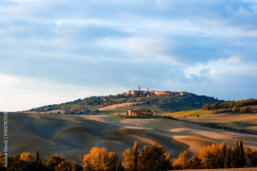 Tuscan countryside landscape with panoramic view of the city of Pienza in Val d'Orcia, Tuscany, Italy