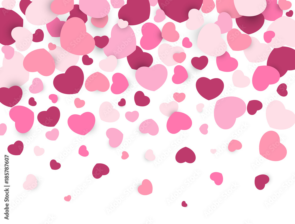 Heart valentine. Pink heart shape confetti on white background. Valentine's Day background. Vector illustration