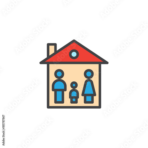 Family house filled outline icon, line vector sign, linear colorful pictogram isolated on white. Mother father and child at home symbol, logo illustration. Pixel perfect vector graphics