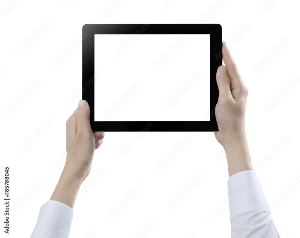 Hand hold digital tablet, cut out on white background Hand hold digital tablet, cut out on white background
