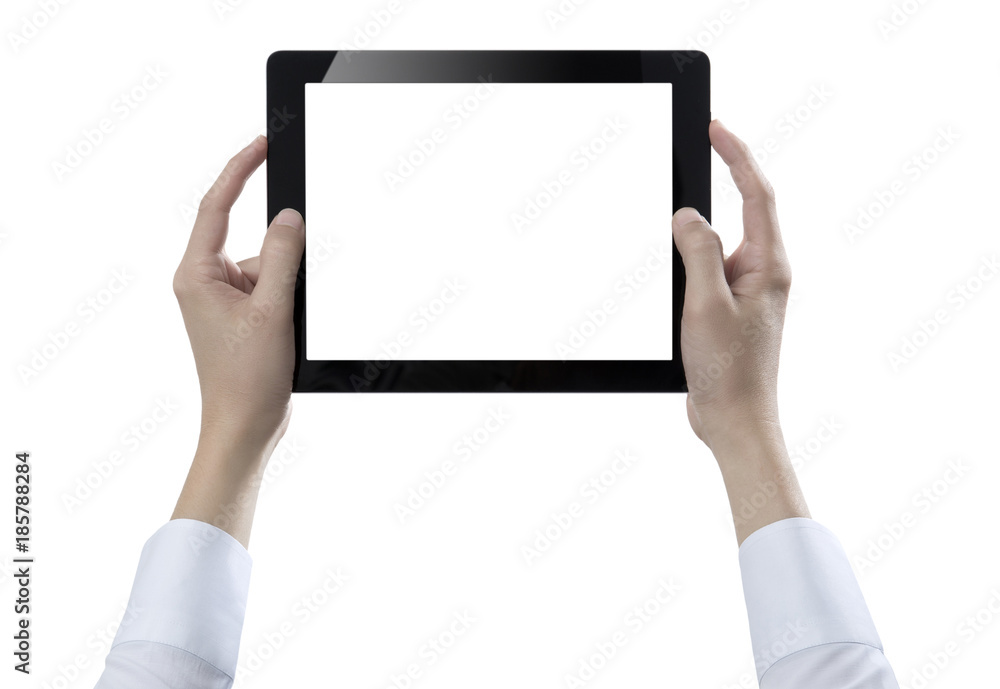 Hand hold digital tablet, cut out on white background Hand hold digital tablet, cut out on white background