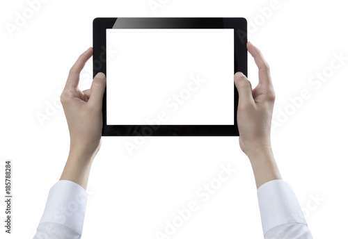 Hand hold digital tablet, cut out on white background