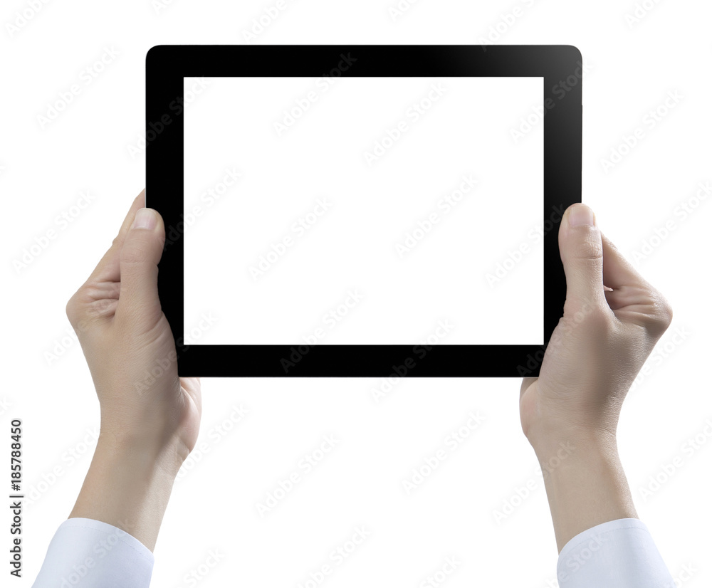 Hand hold digital tablet, cut out on white background Hand hold digital tablet, cut out on white background