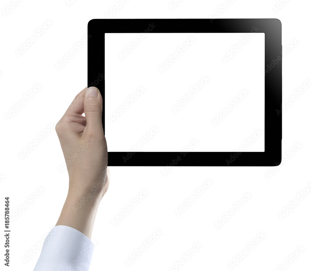 Hand hold digital tablet, cut out on white background Hand hold digital tablet, cut out on white background