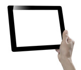 Hand hold digital tablet, cut out on white background