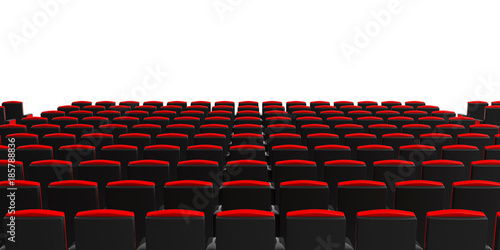 Cinema chairs on white background, view from behind, copyspace. 3d illustration