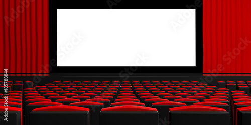 Blank theater screen with curtains, empty chairs, space for text. 3d illustration