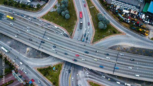 Photography Aerial  shot,view from the drone on the road junction of Kuala-Lumpur,Malaysia