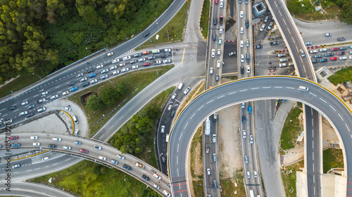 Photography Aerial  shot,view from the drone on the road junction of Kuala-Lumpur,Malaysia