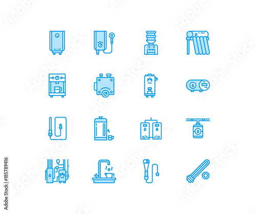 Water boiler, thermostat, electric gas solar heaters and other house heating appliances line icons. Thin linear pictogram. Equipment store signs. Pixel perfect 64x64.