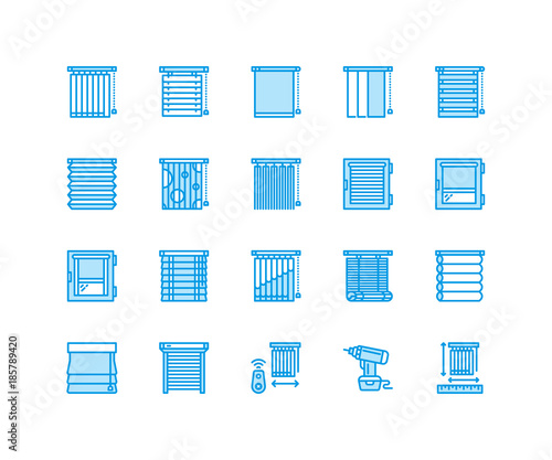 Window blinds, shades line icons. Various room darkening decoration, roller shutters, roman curtains, horizontal and vertical jalousie. Interior design signs for house decor shop. Pixel perfect 64x64.