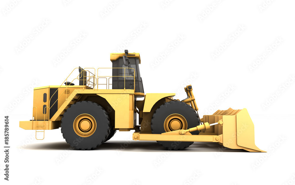 Powerfull concept. Massive yellow hydraulic earth mover isolated on white. Left to right direction. 3D illustration. Wide angle. Side view