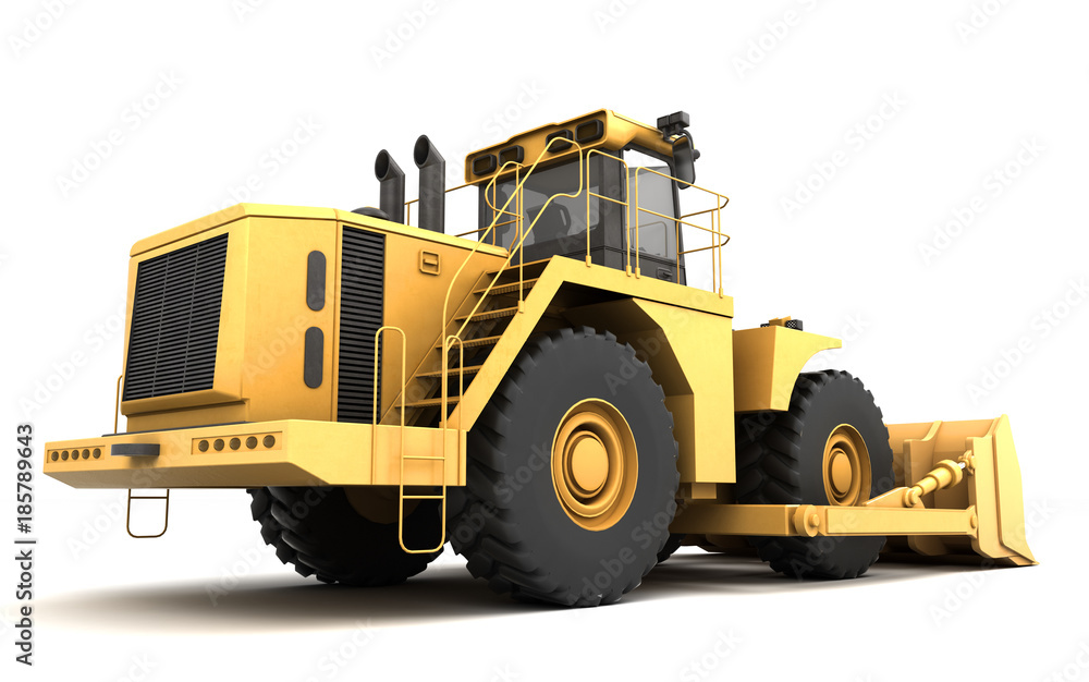 Powerfull concept. Massive yellow hydraulic earth mover isolated on white. Left to right direction. 3D illustration. Wide angle. Rear view